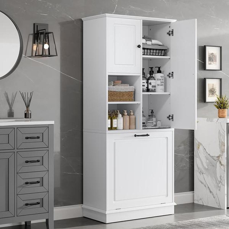 Tall Storage Cabinet With Adjustable Shelves, Large Flip-Out Basket & Enclosed Cabinets –  For Bathroom, Living Room, Or Office, MDF Material With Aluminum Alloy Handles