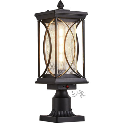 Outdoor Post Lantern Dusk To Dawn Pillar Lamp With 3 Inch Pier Mount Adapter, Black Pole Light Aluminum With Crackle Glass Motion Outdoor Post Lights For Patio, Yard, Garden, Pathway