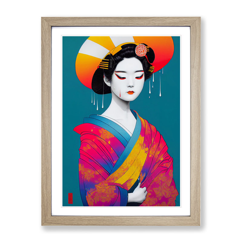 Paint Drip Geisha No.1 - Wall Art, 64cm H x 46cm W x 2cm D, Oak