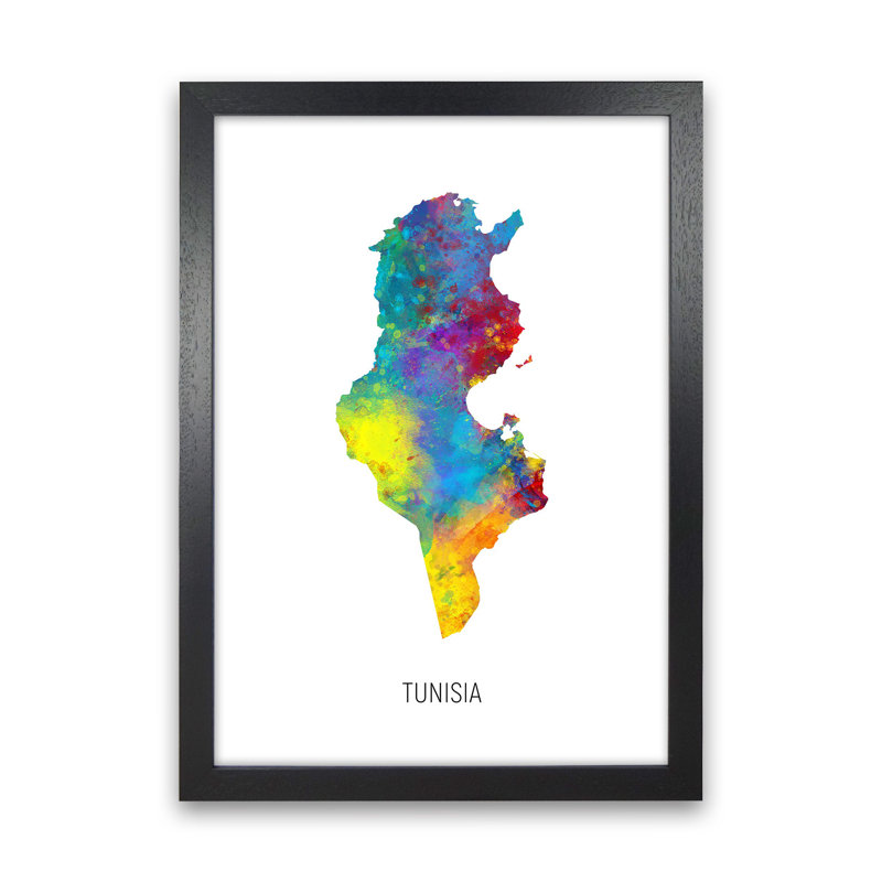 Tunisia Watercolour Map by Michael Tompsett - Print, 34cm H x 25cm W x 3cm D, Black Framed