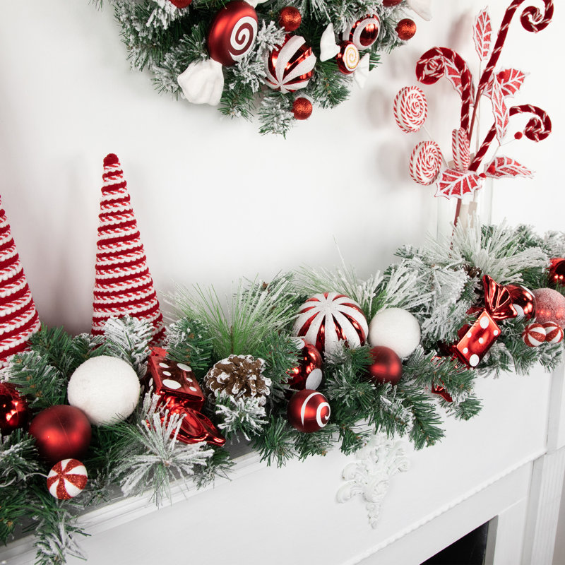 Flocked Pine Artificial Christmas Garland with Red Ornaments, 6 Feet