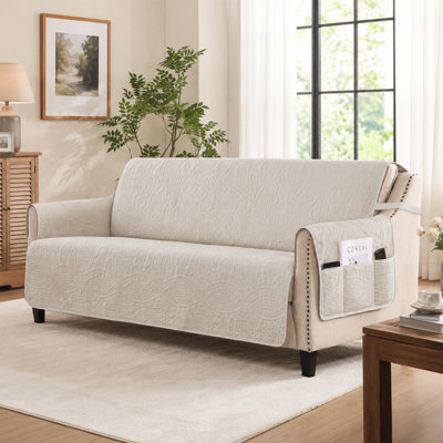 Quilted Beige Sofa Cover with Pockets and Non Slip Design