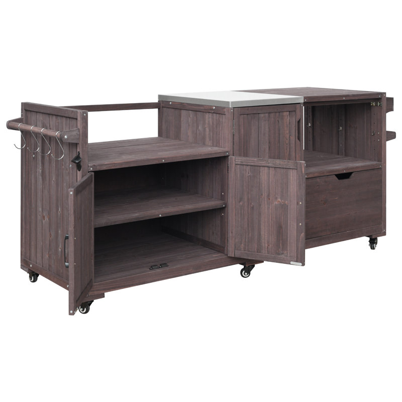 80.5" Solid Wood Outdoor Kitchen Island With Stainless Steel Top, Grill Cart Compatible With Big Green Egg & Blackstone