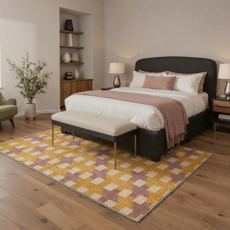Tapis géométrique jaune / beige / mauve lavable à la machine avec envers antidérapant Abdellah, Rond 5 pi