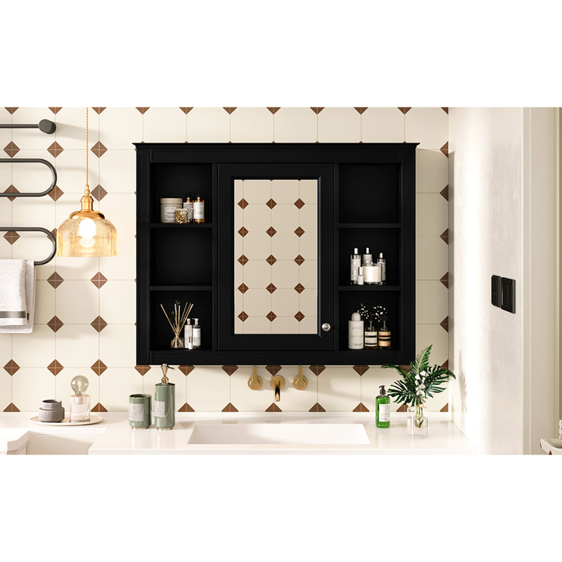 Armoire de rangement pour salle de bain avec miroir, 35 po x 27,5 po, style moderne, 5 tablettes et plus, tableau noir 35 po x 27,5 po