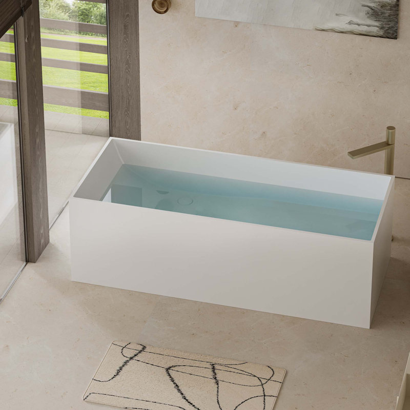 67" Freestanding Solid Surface Rectangular Bathtub, Stone Resin Freestanding Bath Tub With Overflow And Pop-Up Drain