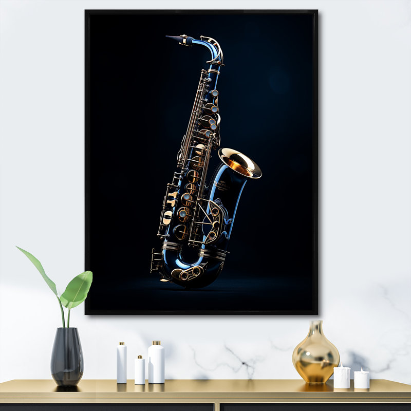 Saxophone Midnight Blue I - musique encadrée, art mural, Cadre flottant noir, H 32 po x l 24 po x P 1 po