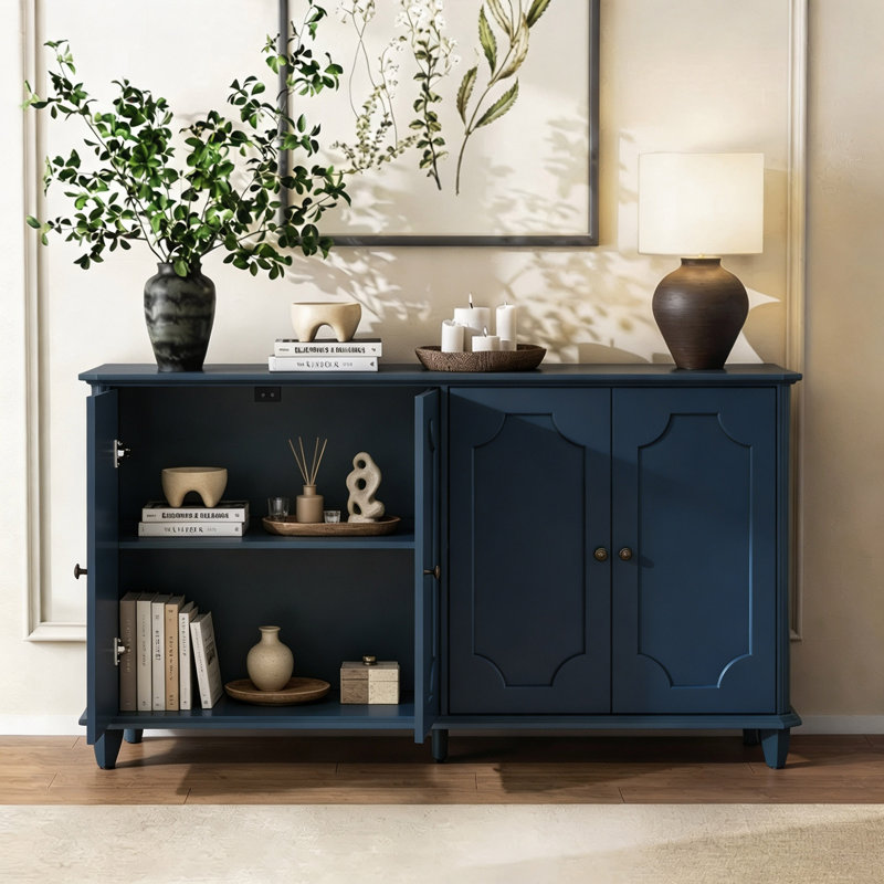 Buffet/meuble de rangement incurvé à 4 portes de 160 cm (62,99 po) au style vieilli, idéal pour l'entrée, le salon ou la cuisine.