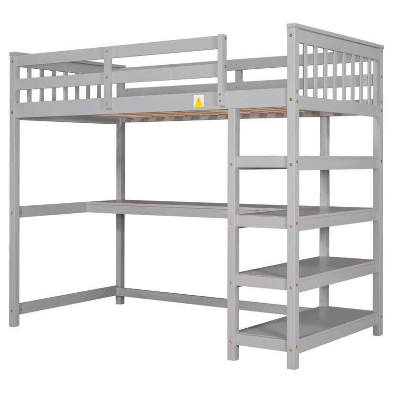 Lit mezzanine avec tablettes de rangement et bureau sous le lit, Gris, Lit simple