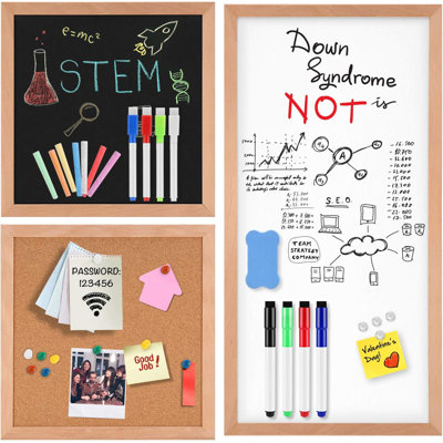 Magnetic Dry Erase White Board/Chalkboard/Cork Board, 3 In 1 Combination Board With Real Natural Wood Frame, 24"