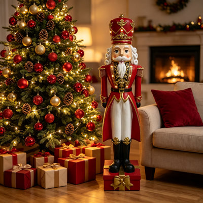 Grande statue de soldat Casse-Noisette de Noël en résine, finition rouge et or, figurine décorative de Noël avec socle en coffret-cadeau, décoration festive d'intérieur et d'extérieur pour porche, terrasse, jardin.