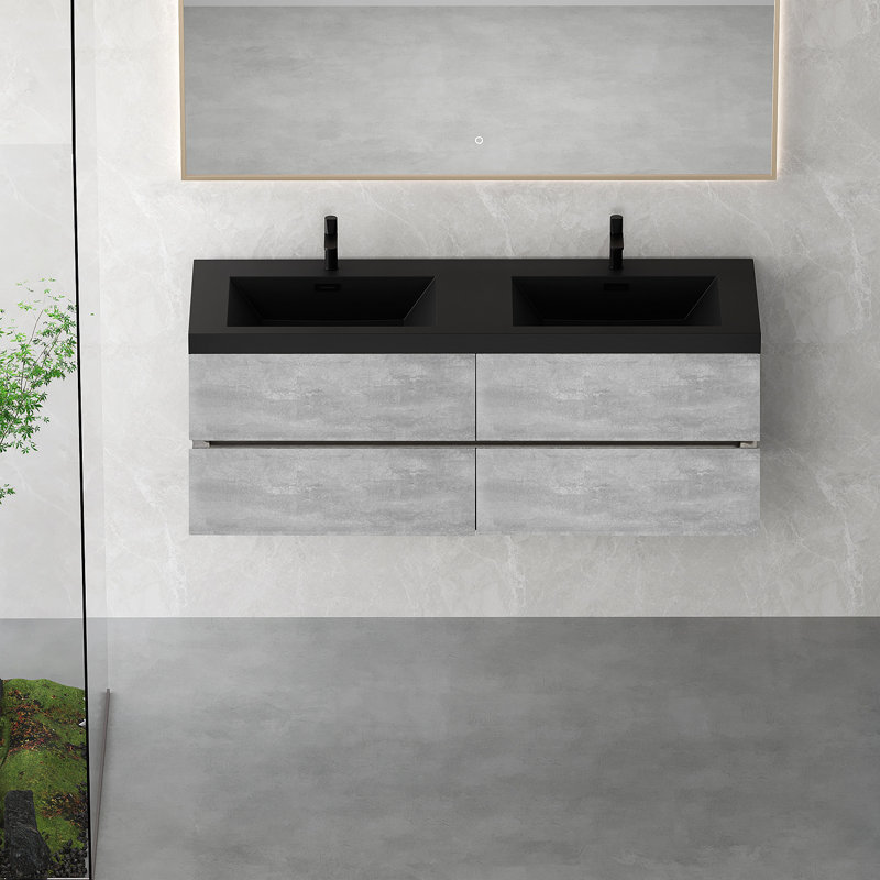 Meuble-lavabo flottant 60 po avec lavabo, meuble-lavabo mural moderne 60 po avec deux lavabos en quartz noir et quatre tiroirs à fermeture en douceur, gris ciment EDI 24V12-60GR