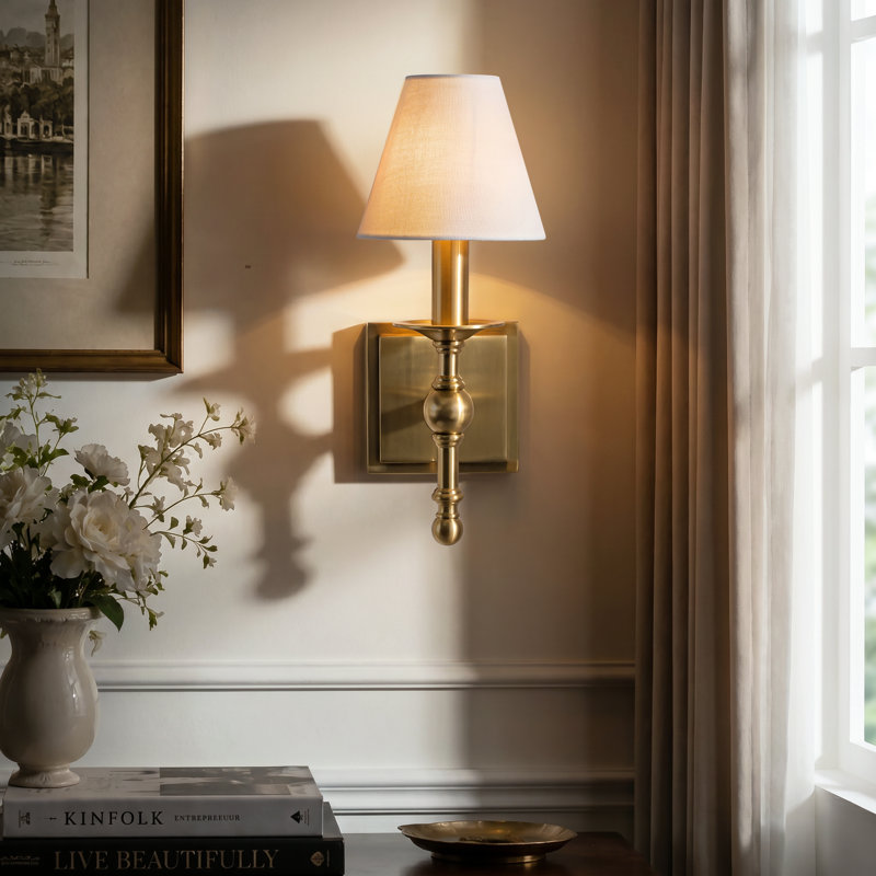 Applique murale 1 lumière en laiton chaud classique avec abat-jour en tissu à intensité variable pour salle de bain, 1