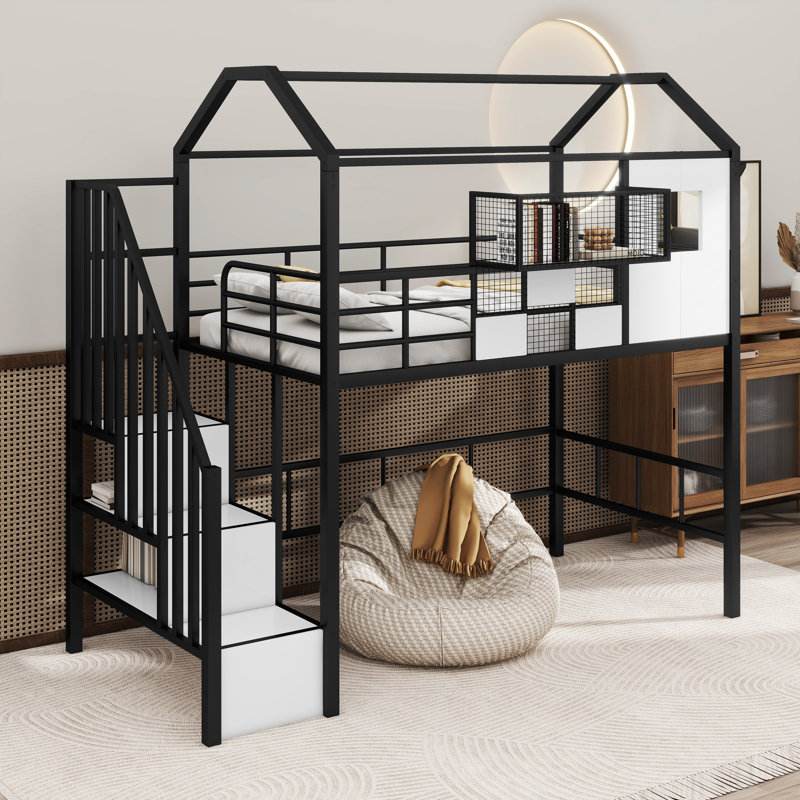 Metal Loft Bed With Roof Design And A Storage Box, Black