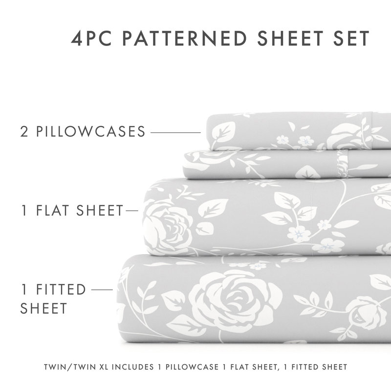 Gray Floral Print Microfiber Queen Sheet Set