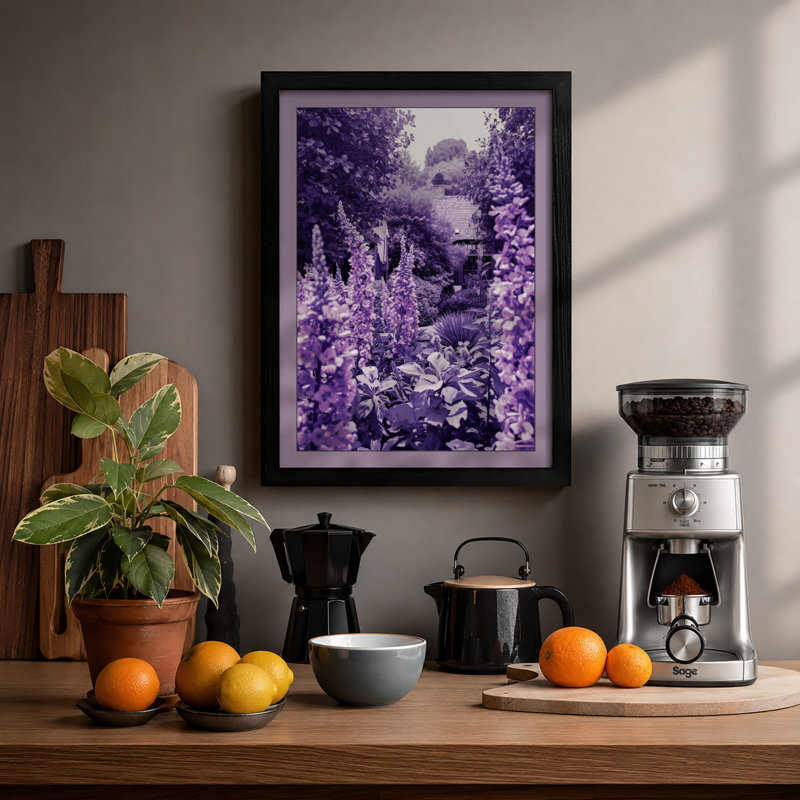 Garden Path in Purple Botanical - Framed Print, A3 - 42.0 x 29.7 cm, Black