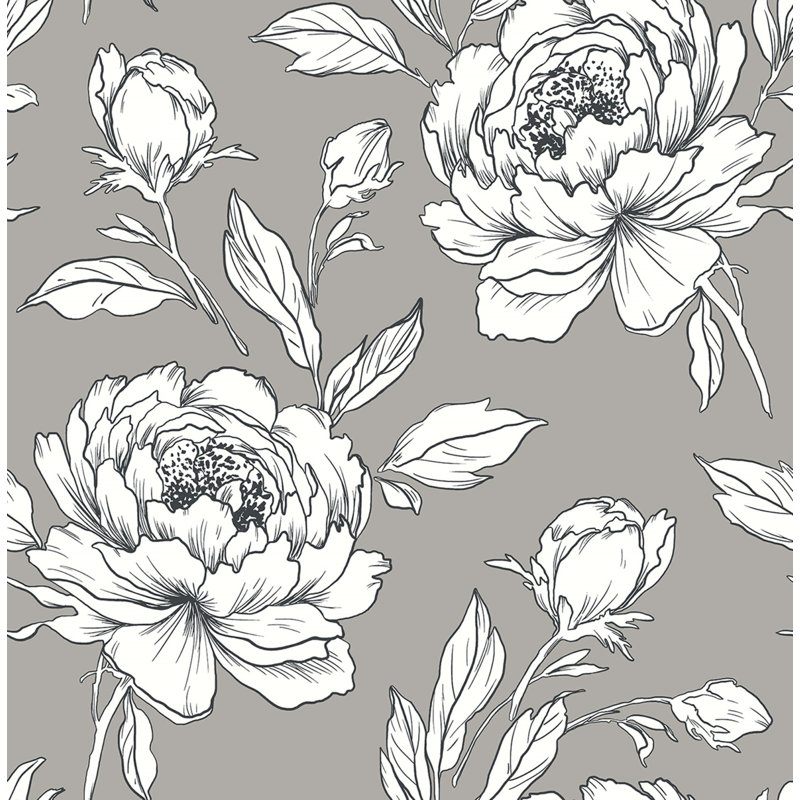 Papier peint floral pivoine, Gris / blanc / noir