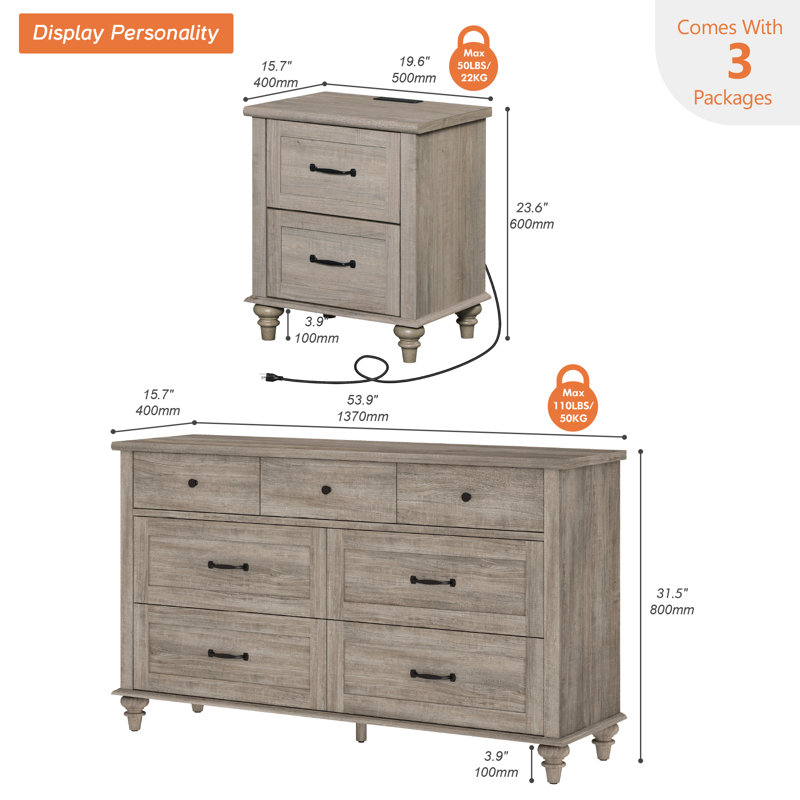 Ensemble de chambre à coucher 3 pièces Janaria, Gris