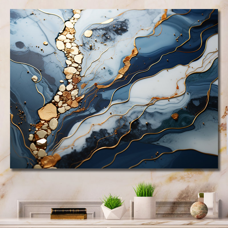 Blue and Gold Marble river II - Abstrait marbré, impressions sur toile, Toile tendue, H 30 po x l 40 po x P 1,5 po