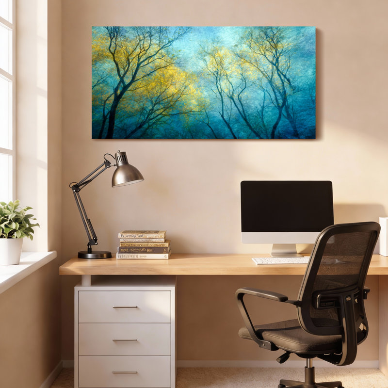 Abstrait, arbres avec tons jaunes et bleus, reproduction d'art sur toile tendue sur toile, ensemble de 1, H 12 po x l 36 po