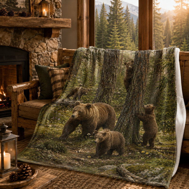 Plaid en flanelle à motif d'ours d'automne avec glands, feuilles et pommes de pin, motif animalier fantaisiste des bois pour canapé, lit ou coin lecture douillet, 101,6 x 127 cm