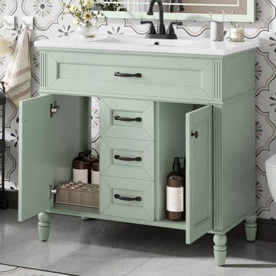 Meuble-lavabo 36 po avec lavabo, meuble autoportant avec lavabo en céramique, cadre en bois aggloméré et en bois massif, tiroir supérieur rabattable, portes à fermeture en douceur, 2 tiroirs de rangement, poignées dorées
