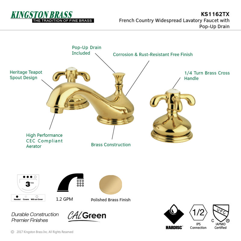 Kingston Brass French Country Two-Handle 3-Hole Deck Mount Widespread Bathroom Faucet with Brass Pop-Up Drain, Polished Brass