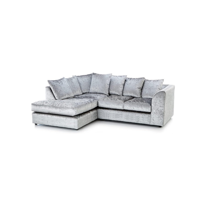 Luxury Crushed Velvet 4 Seater Corner Sofa With Footstool, Silver, Right Hand Facing