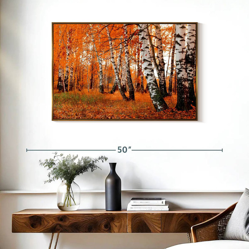 Forêt de bouleaux orange, Cadre flottant doré, 37 po x 25 po