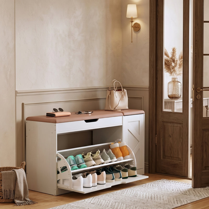 Banc de rangement rembourré pour chaussures avec armoire à 2 niveaux, Blanc