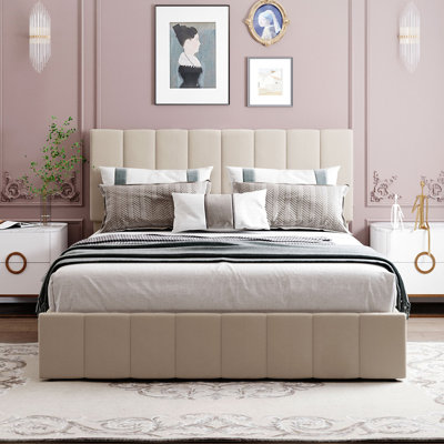 Beige Queen Bed With Hydraulic Storage For Efficient Space Utilization Upholstered Under-mattress -