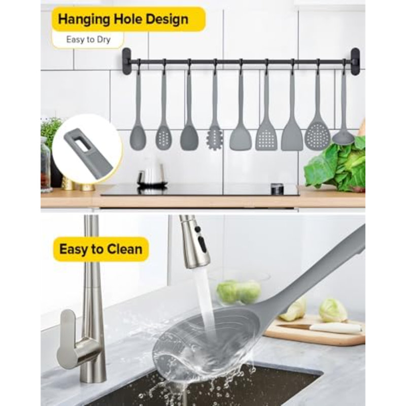 Ensemble d'ustensiles de cuisine en silicone, 9 pièces, résistants à la chaleur, avec crochets de rangement, sans BPA, comprenant spatules, cuillères, écumoire et fourchette à pâtes pour ustensiles de cuisine antiadhésifs (GRIS)