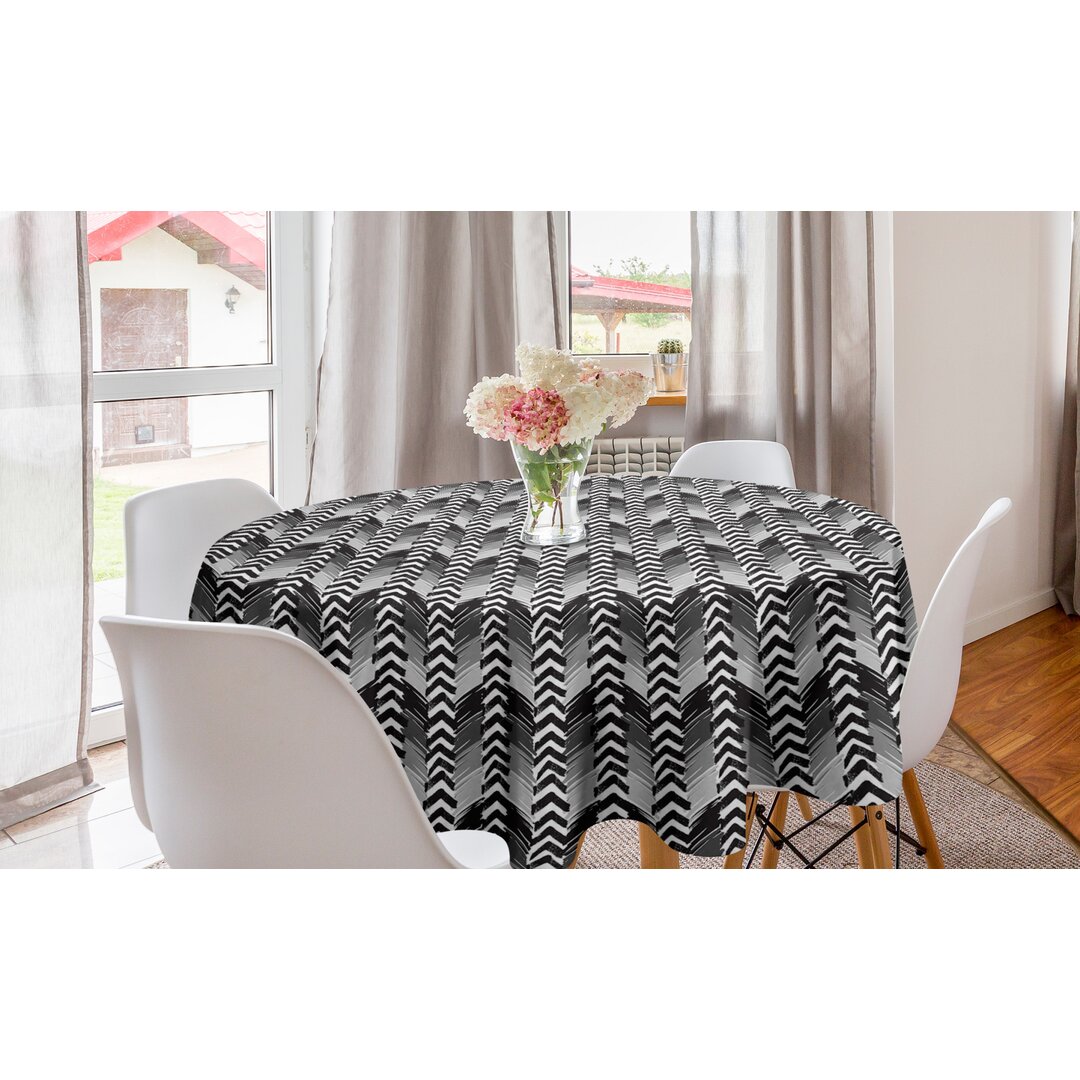 Runde Tischdecke, Hand gezeichnet Chevron Motive, Abstrakt, Schwarz und Grau