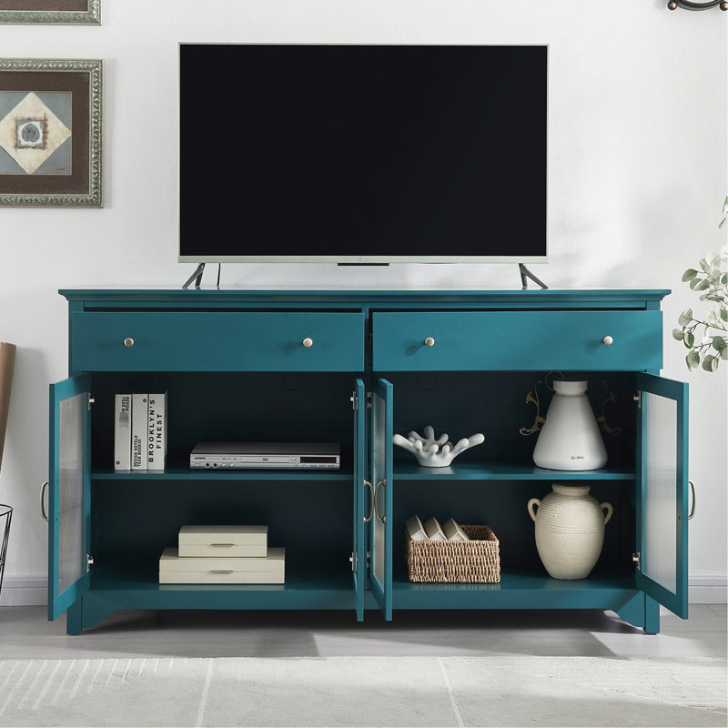 Armoire de rangement moderne bleu sarcelle. Buffet avec tablettes réglables, buffet pour centre de divertissement 65 ", tablettes et armoire de porte en verre