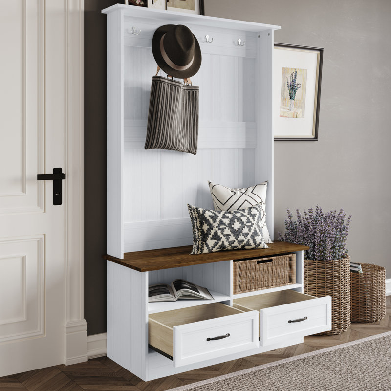Hall Tree with Storage Cabinet In Brown, White