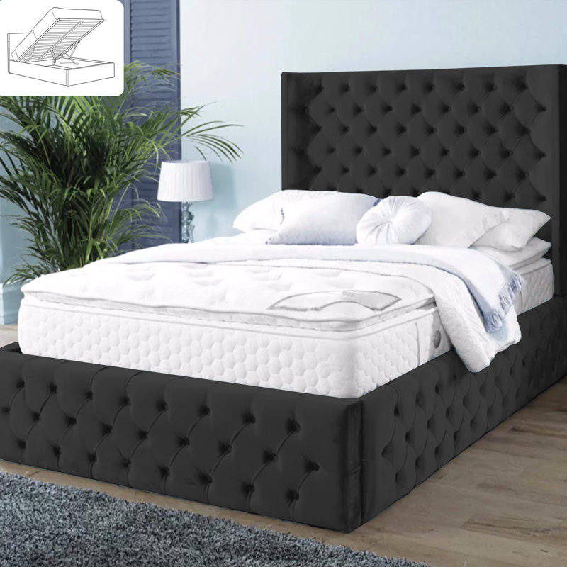 Demars Chesterfield Ottoman Storage Bed - Button-Tufted Velvet Upholstered Bed Frame, Single (3'), Black
