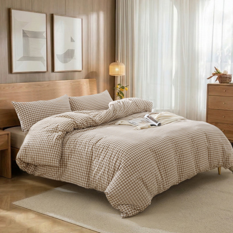 Duvet Cover Set 100% Washed Cotton Soft Bedding in Gingham Check, Beige, King Queen Duvet Cover + 2 King Pillowcases