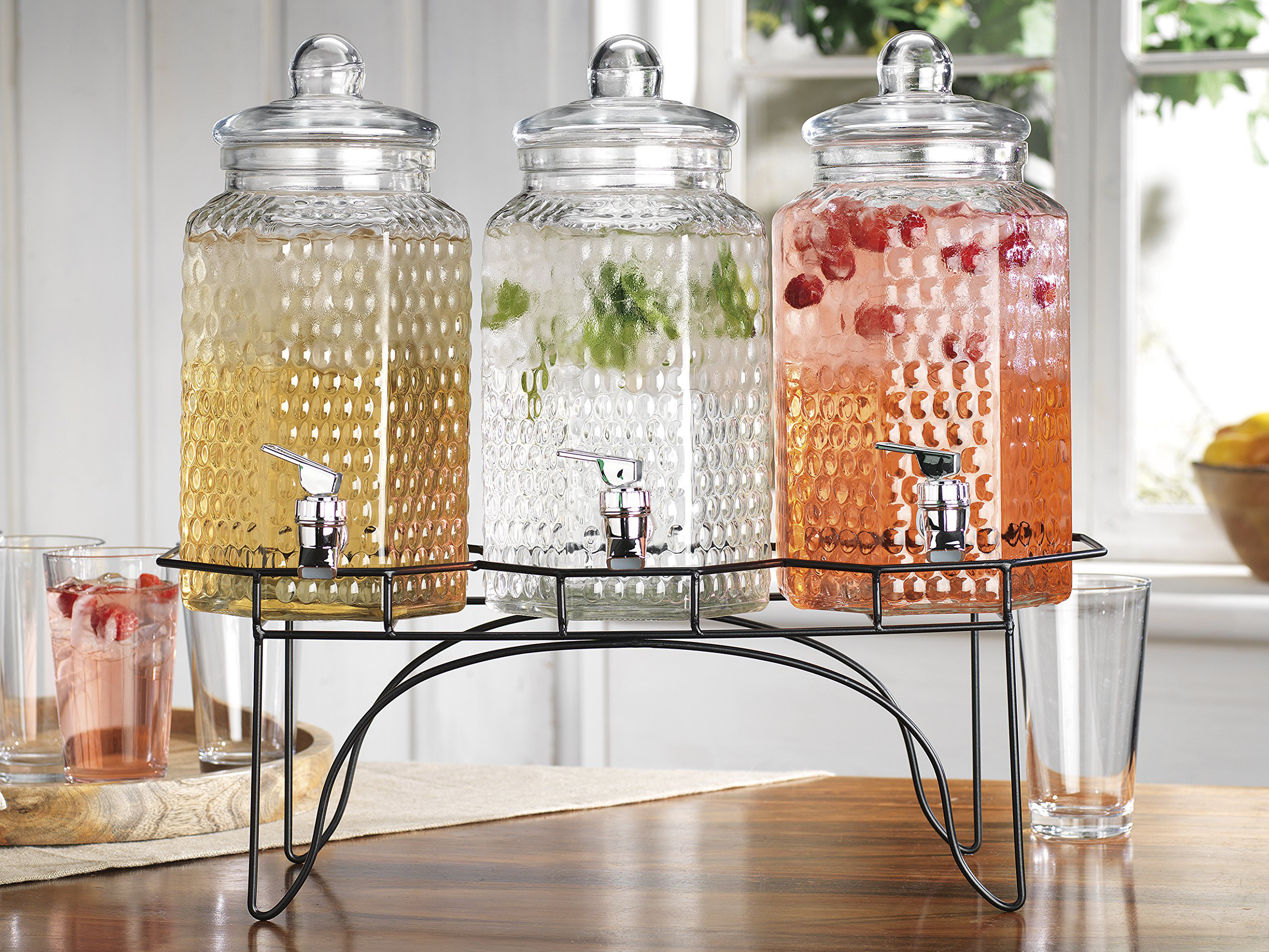 Glass Beverage Dispenser with Spigot, Metal Lid and One Gold Stand - 2  Gallon 