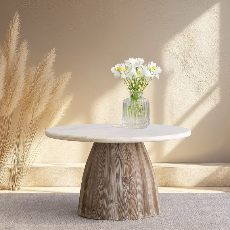 Natural Wood Round Coffee Table With Marble Top, 19" H x 31" L x 31" W