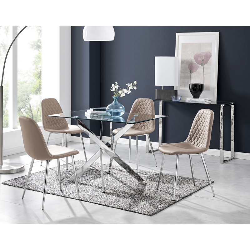 Lenworth Modern Chrome Metal and Glass Dining Table Set with 4 Luxury Faux Leather Dining Chairs, Cappuccino Beige