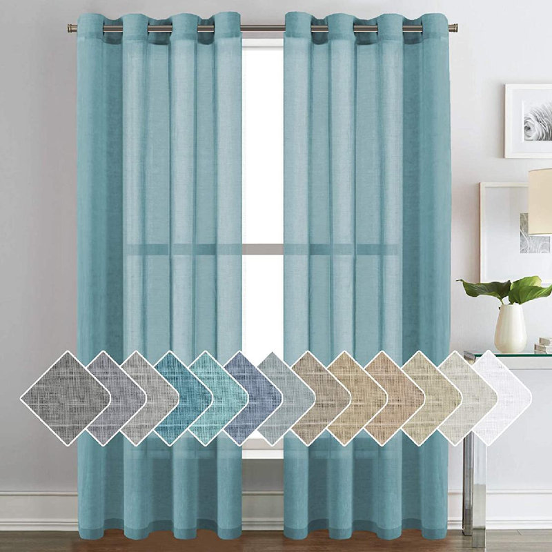 Hywell Soft Linen Plaid Semi-Sheer Grommet Curtain Panels, 52'' W x 84'' L, Turquoise