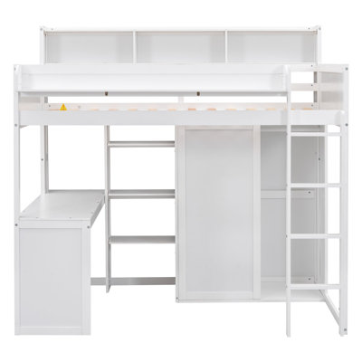 Wood Twin Size Loft bed with Multiple Storage Shelves and Wardrobe