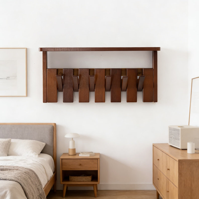 Portemanteau mural en bois massif avec tablette, 6 crochets rabattables pour l'organisation de vestibules, de couloirs et de chambres à coucher