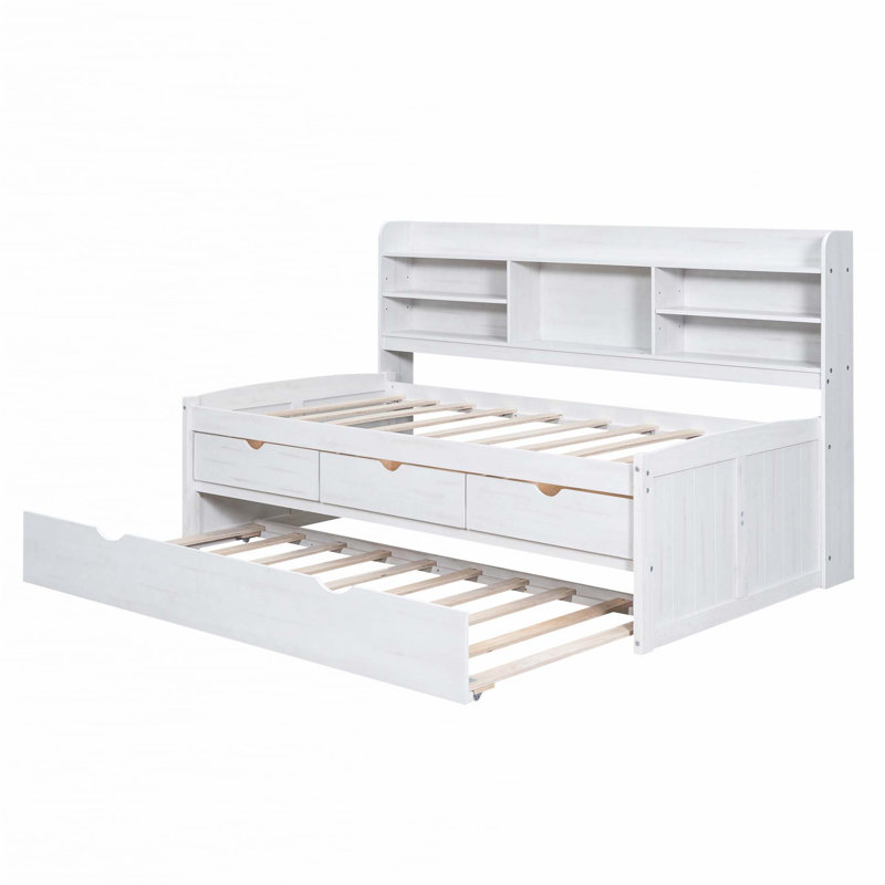 Wooden Captain Daybed Bed with Built-in Bookshelves, Twin, White