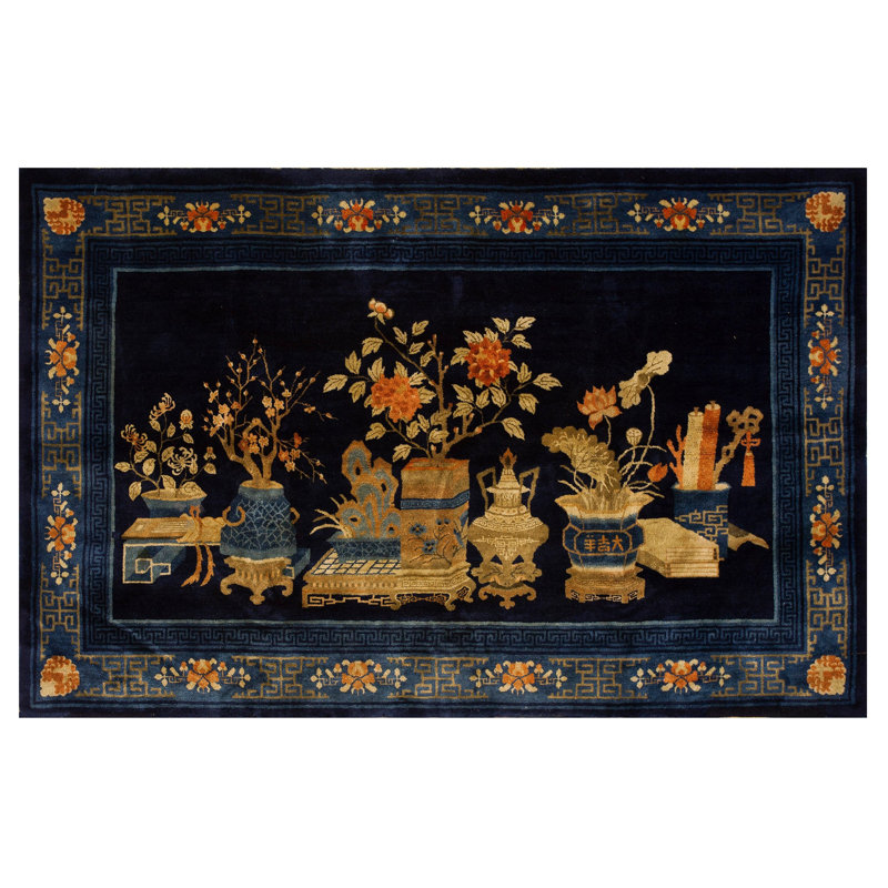 Blue Flowers Vase Pattern Antique Blue Color Baotou Chinese Wool Rug
