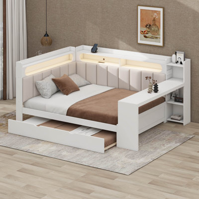 Full Size Daybed Corner Bed With Trundle, L-Shaped Day Bed With Desk, Upholstered Headboard & LED Lights, USB Ports