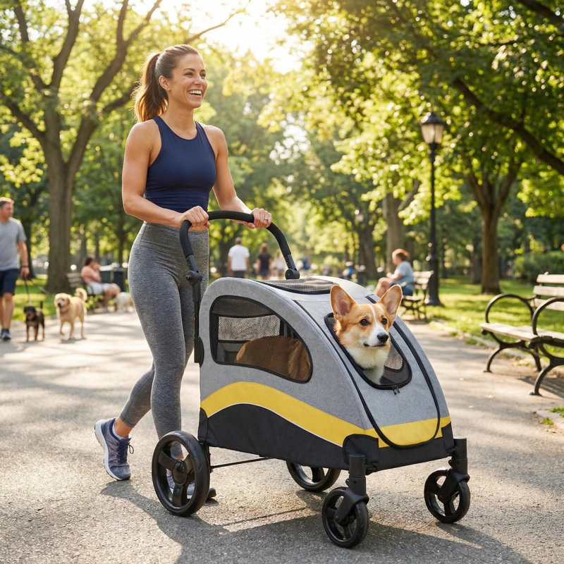Poussette robuste pour grands chiens jusqu'à 160 lb, chariot pliable pour animaux de compagnie avec roues amortissantes, fenêtres en filet à 360 °