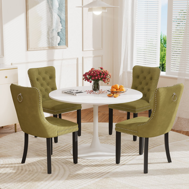 5-Piece Modern Dining Set: 42.1" Marble-Look MDF Table & 4 Velvet Upholstered Chairs, Blanc, Vert olive