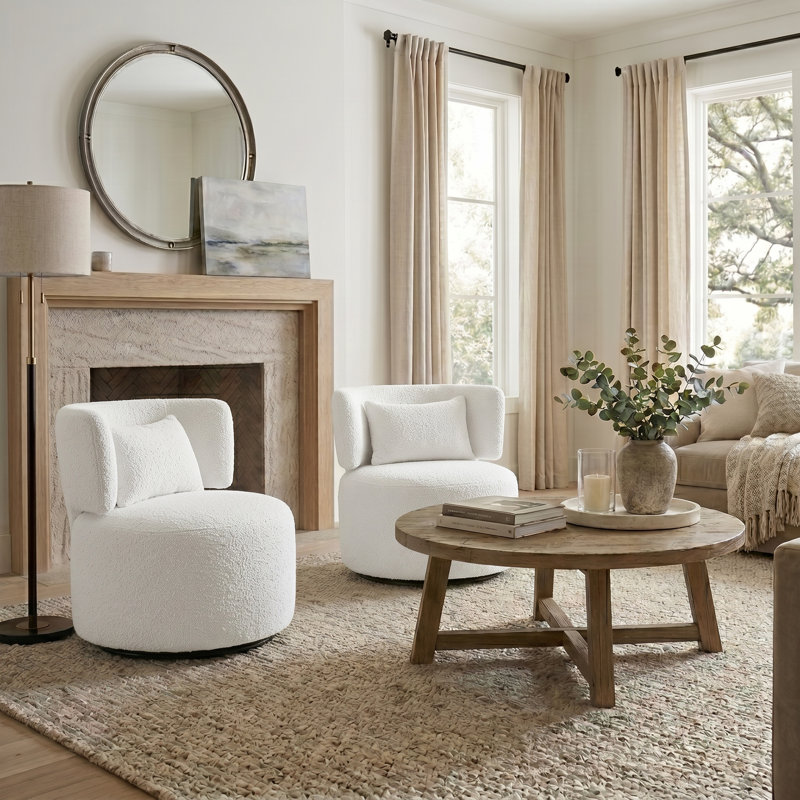 Caidee Upholstered Swivel Accent Chair, Ivory Teddy