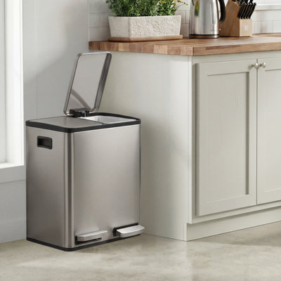 41.8×35.3×45.5cm Stainless Steel Step On Multi-Compartment Rubbish & Recycling Bin - 30L
